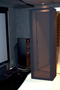 Front right corner of Home Theater. Showing the speaker and acoustic panels behind masking frame; subwoofers will be installed beside of the front right speaker